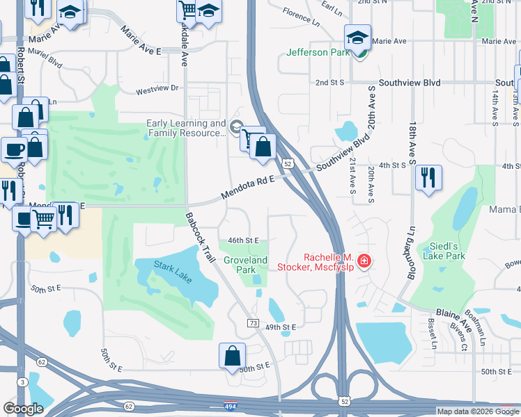 map of restaurants, bars, coffee shops, grocery stores, and more near 4528 August Way in Inver Grove Heights