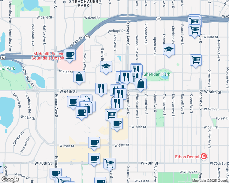 map of restaurants, bars, coffee shops, grocery stores, and more near 6600 York Avenue South in Edina