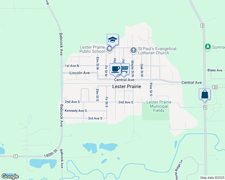 map of restaurants, bars, coffee shops, grocery stores, and more near 118 Fir Street North in Lester Prairie
