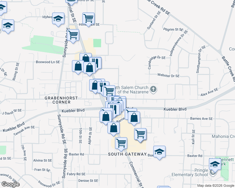 map of restaurants, bars, coffee shops, grocery stores, and more near 4977 Textrum Street Southeast in Salem