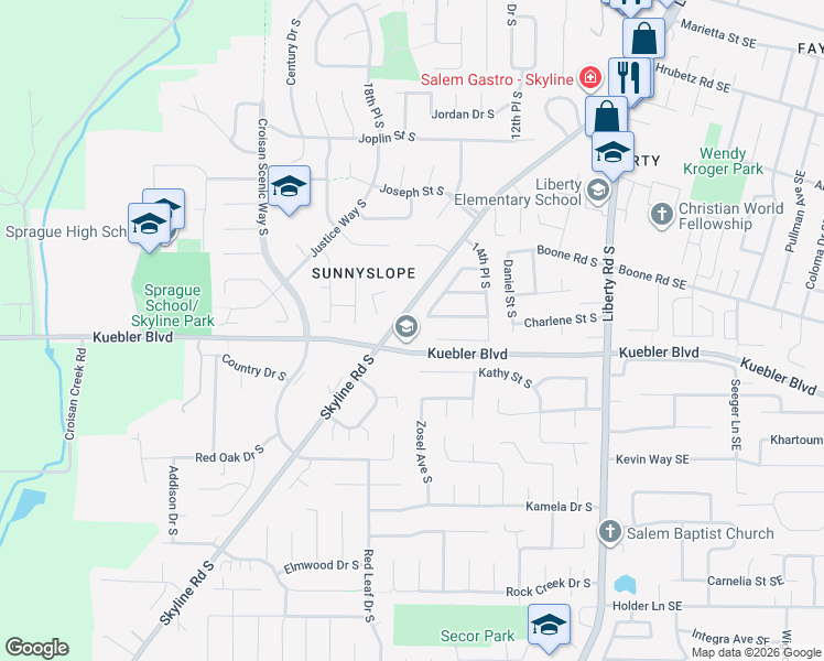 map of restaurants, bars, coffee shops, grocery stores, and more near 5000 Skyline Road South in Salem