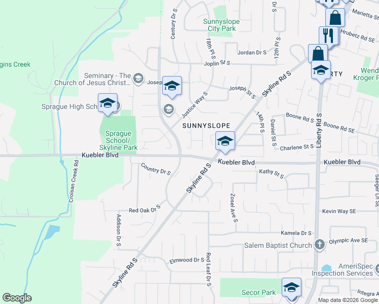map of restaurants, bars, coffee shops, grocery stores, and more near 5125 Skyline Road South in Salem