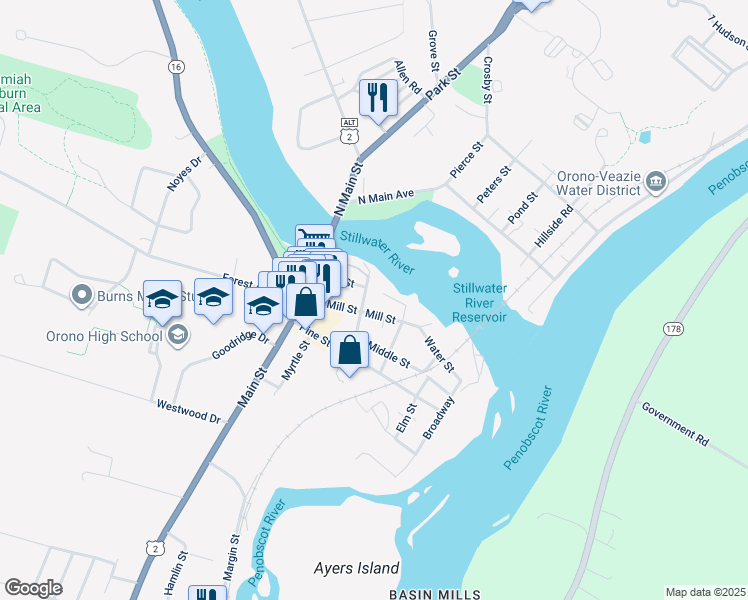 map of restaurants, bars, coffee shops, grocery stores, and more near 80 Mill Street in Orono