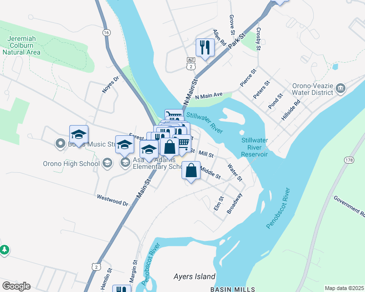 map of restaurants, bars, coffee shops, grocery stores, and more near 34 Hasbrouck Court in Orono