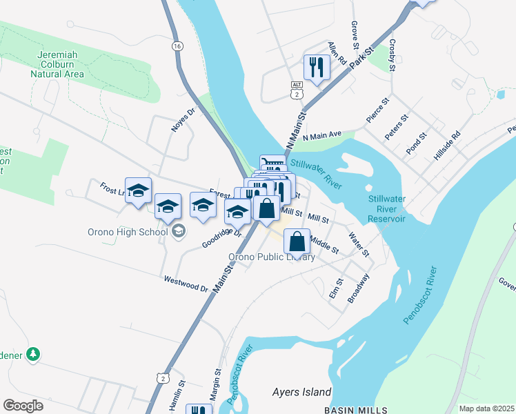 map of restaurants, bars, coffee shops, grocery stores, and more near in Orono