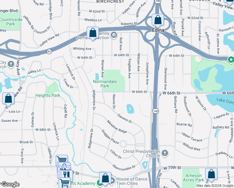map of restaurants, bars, coffee shops, grocery stores, and more near 6613 Naomi Drive in Minneapolis