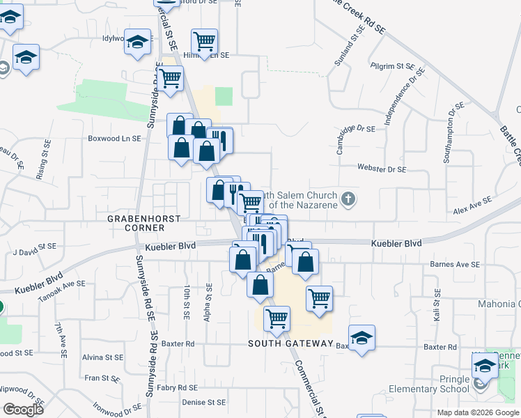 map of restaurants, bars, coffee shops, grocery stores, and more near 1255 Boone Road Southeast in Salem