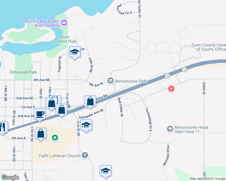 map of restaurants, bars, coffee shops, grocery stores, and more near 2421 East Service Road in Menomonie