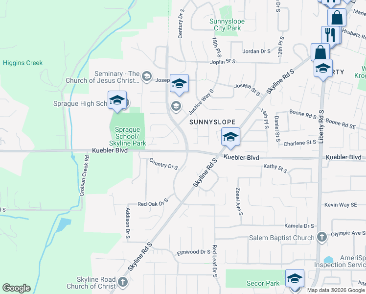 map of restaurants, bars, coffee shops, grocery stores, and more near 4935 Centurian Court South in Salem