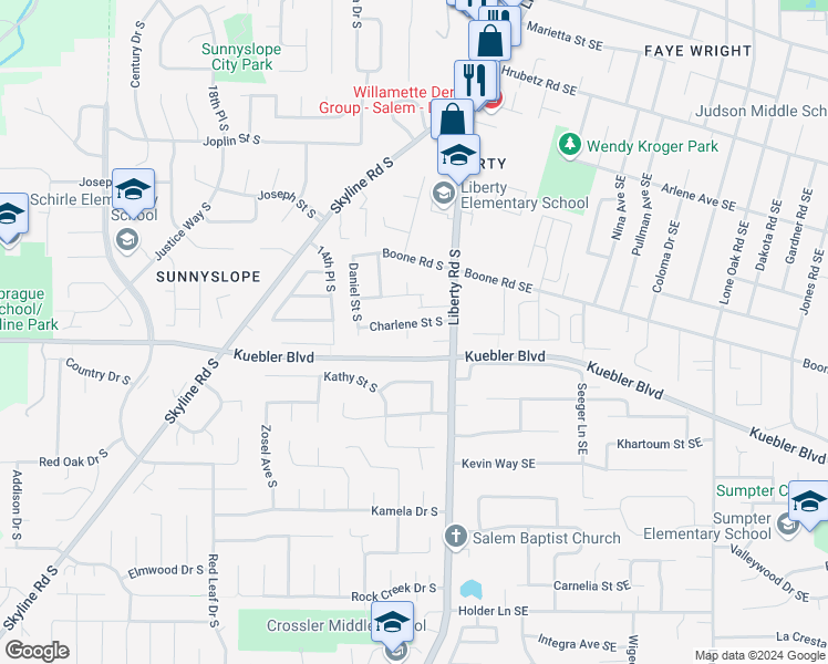 map of restaurants, bars, coffee shops, grocery stores, and more near 5050 Melinda Court South in Salem