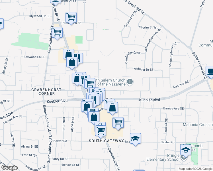 map of restaurants, bars, coffee shops, grocery stores, and more near 1355 Boone Road Southeast in Salem