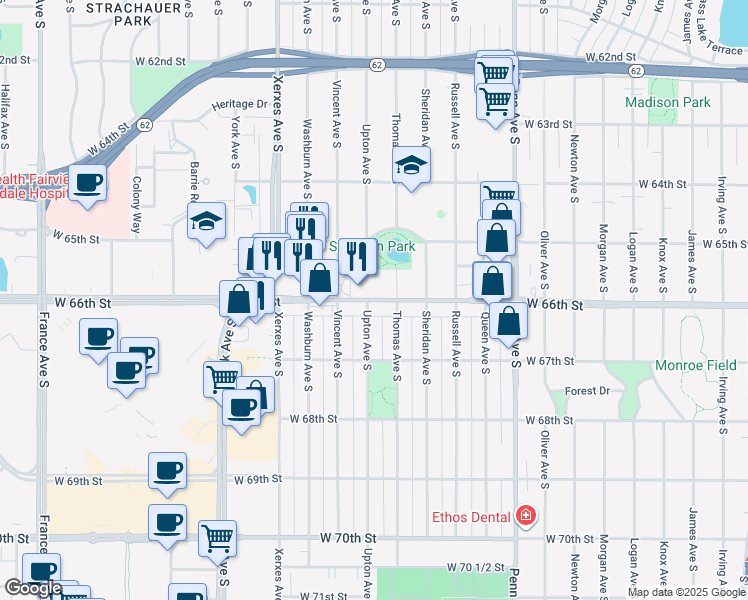 map of restaurants, bars, coffee shops, grocery stores, and more near 2740 West 66th Street in Richfield
