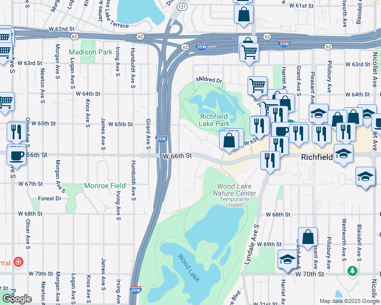 map of restaurants, bars, coffee shops, grocery stores, and more near 1115 West 66th Street in Richfield