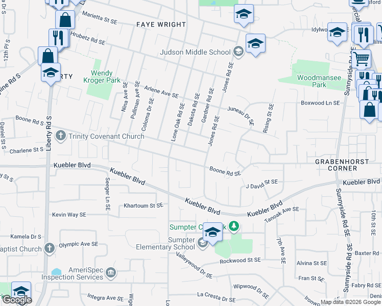 map of restaurants, bars, coffee shops, grocery stores, and more near 450 Boone Road Southeast in Salem