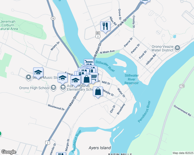 map of restaurants, bars, coffee shops, grocery stores, and more near 67 Mill Street in Orono