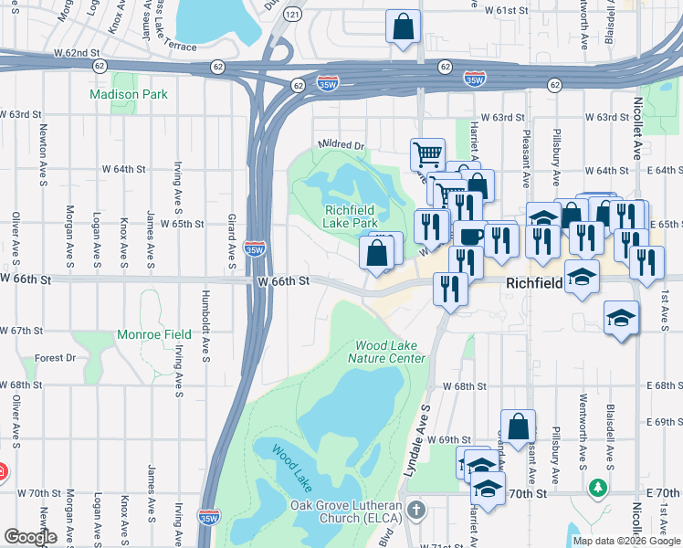 map of restaurants, bars, coffee shops, grocery stores, and more near 6605 Lynwood Boulevard in Minneapolis