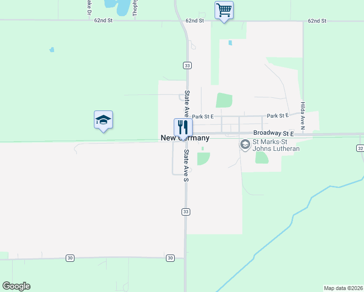 map of restaurants, bars, coffee shops, grocery stores, and more near 310 State Avenue South in New Germany