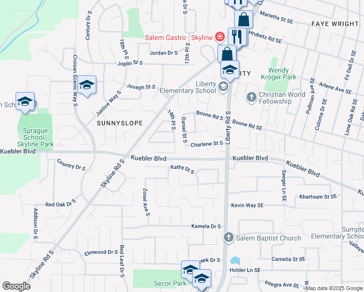 map of restaurants, bars, coffee shops, grocery stores, and more near 5045 Daniel Street South in Salem
