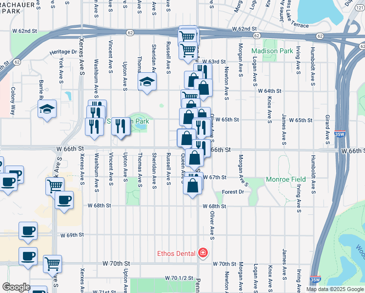 map of restaurants, bars, coffee shops, grocery stores, and more near 2400 West 66th Street in Richfield