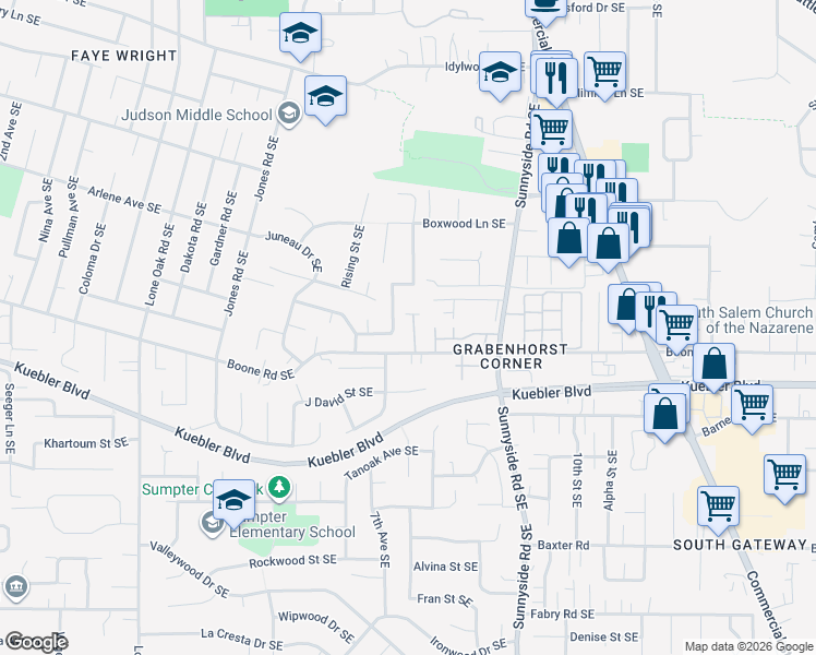 map of restaurants, bars, coffee shops, grocery stores, and more near 742 Boone Road Southeast in Salem