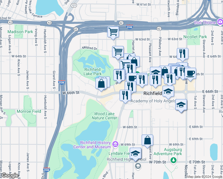 map of restaurants, bars, coffee shops, grocery stores, and more near in Richfield