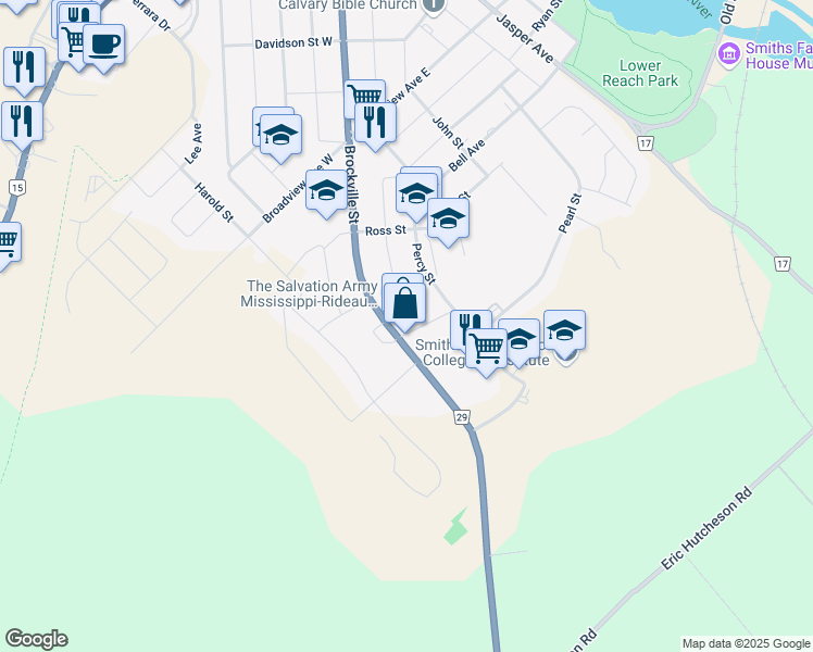 map of restaurants, bars, coffee shops, grocery stores, and more near 12 Toulon Street in Smiths Falls