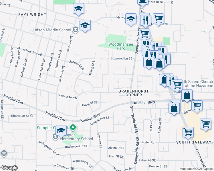 map of restaurants, bars, coffee shops, grocery stores, and more near 742 Boone Road Southeast in Salem