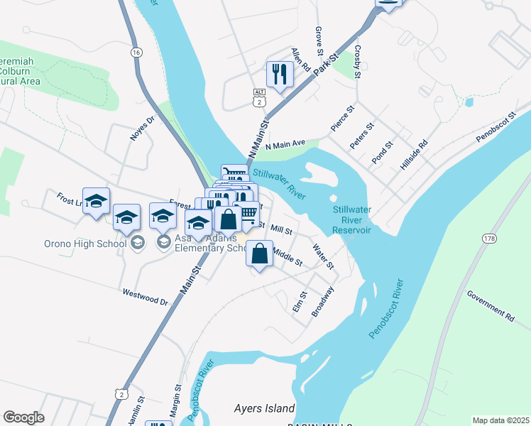 map of restaurants, bars, coffee shops, grocery stores, and more near 67 Mill Street in Orono