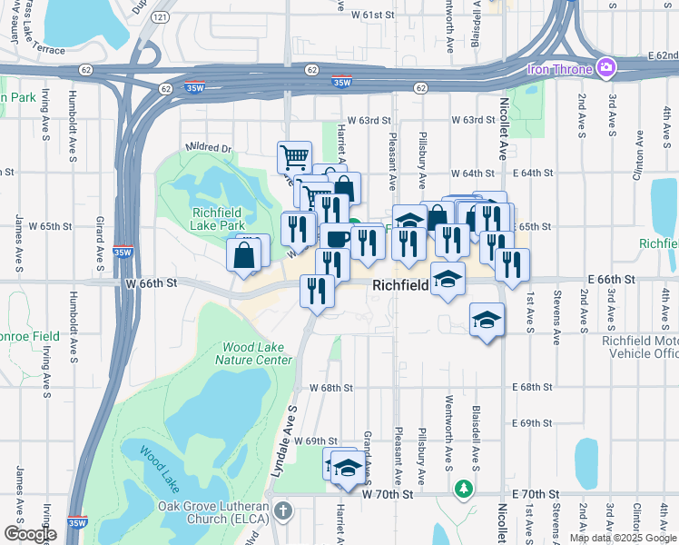 map of restaurants, bars, coffee shops, grocery stores, and more near 6605 Lyndale Avenue South in Richfield