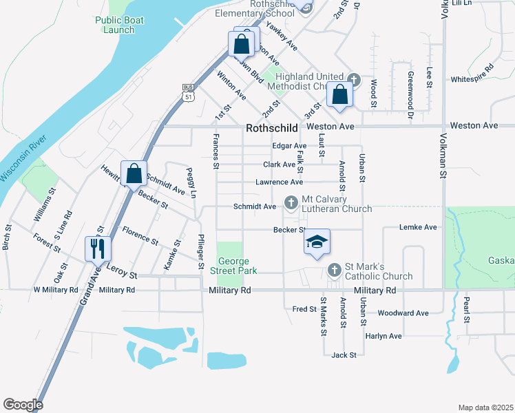 map of restaurants, bars, coffee shops, grocery stores, and more near Schmidt Avenue in Rothschild