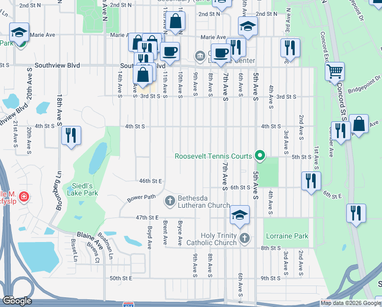 map of restaurants, bars, coffee shops, grocery stores, and more near 513 9th Avenue South in South Saint Paul