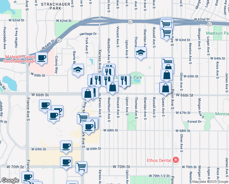 map of restaurants, bars, coffee shops, grocery stores, and more near 6500 Vincent Avenue South in Richfield