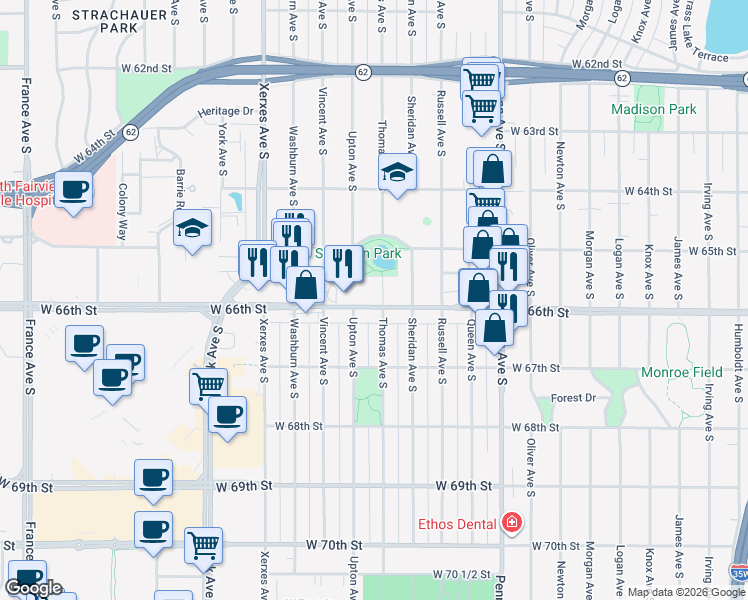 map of restaurants, bars, coffee shops, grocery stores, and more near 6527 Thomas Avenue South in Minneapolis