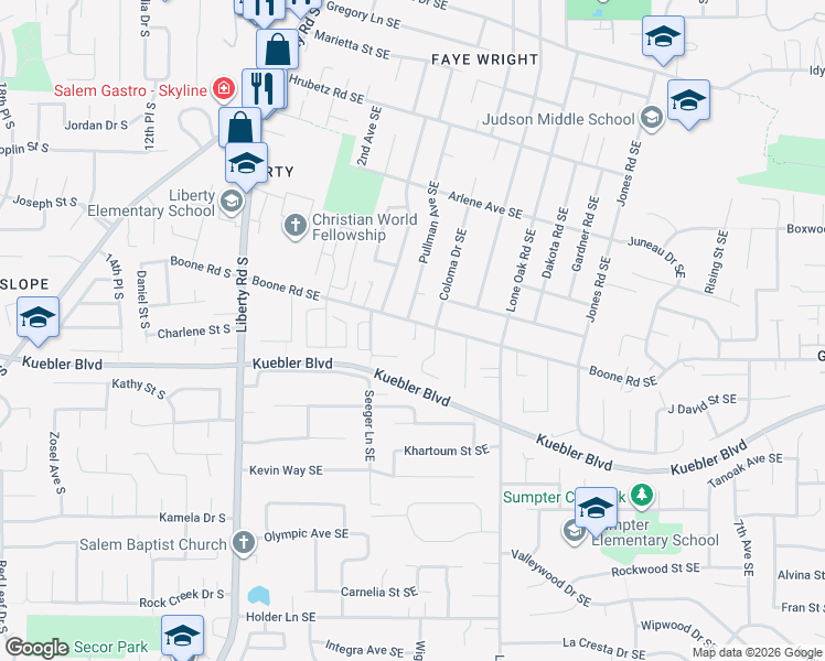 map of restaurants, bars, coffee shops, grocery stores, and more near 304 Boone Road Southeast in Salem