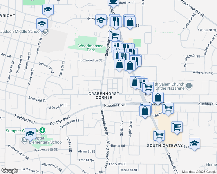 map of restaurants, bars, coffee shops, grocery stores, and more near 4894 Sunnyside Road Southeast in Salem