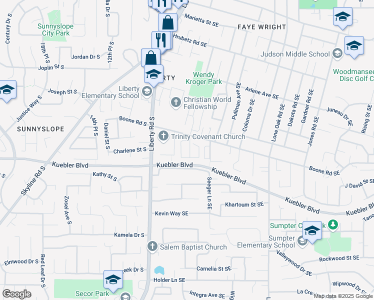 map of restaurants, bars, coffee shops, grocery stores, and more near 188 Boone Road Southeast in Salem