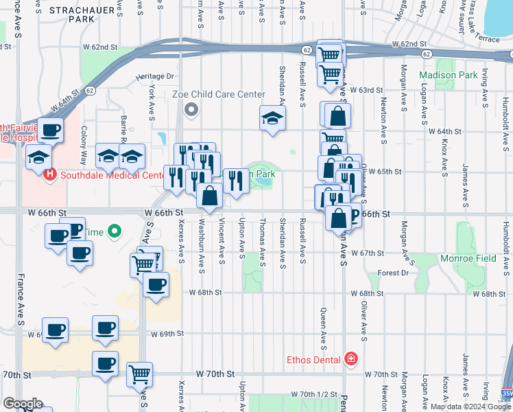 map of restaurants, bars, coffee shops, grocery stores, and more near 6527 Thomas Avenue South in Minneapolis