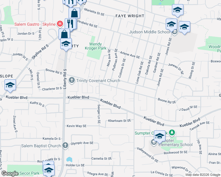 map of restaurants, bars, coffee shops, grocery stores, and more near 304 Boone Road Southeast in Salem