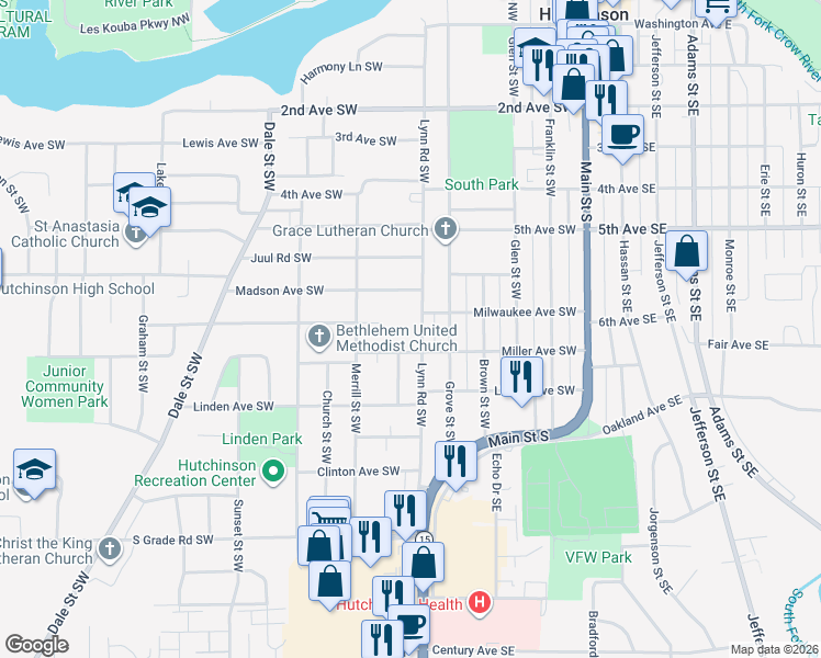 map of restaurants, bars, coffee shops, grocery stores, and more near 595 Lynn Road Southwest in Hutchinson
