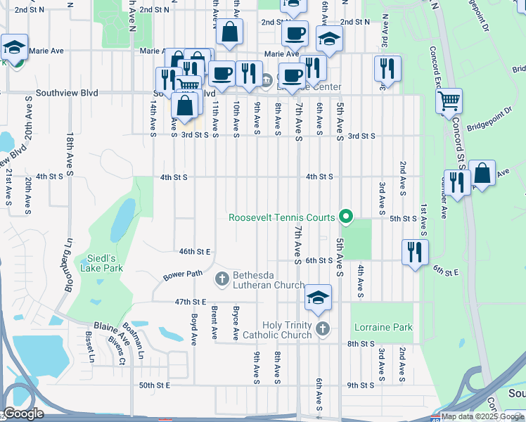 map of restaurants, bars, coffee shops, grocery stores, and more near 424 9th Avenue South in South Saint Paul