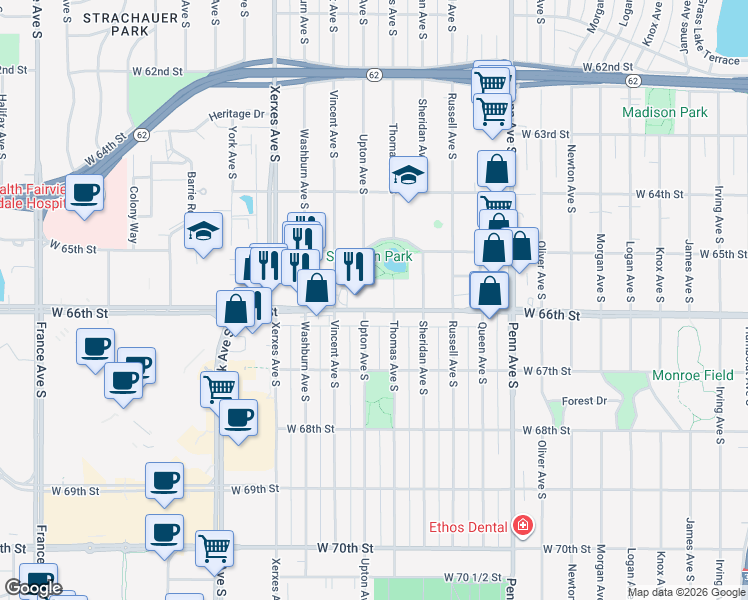 map of restaurants, bars, coffee shops, grocery stores, and more near 2720 West 66th Street in Minneapolis