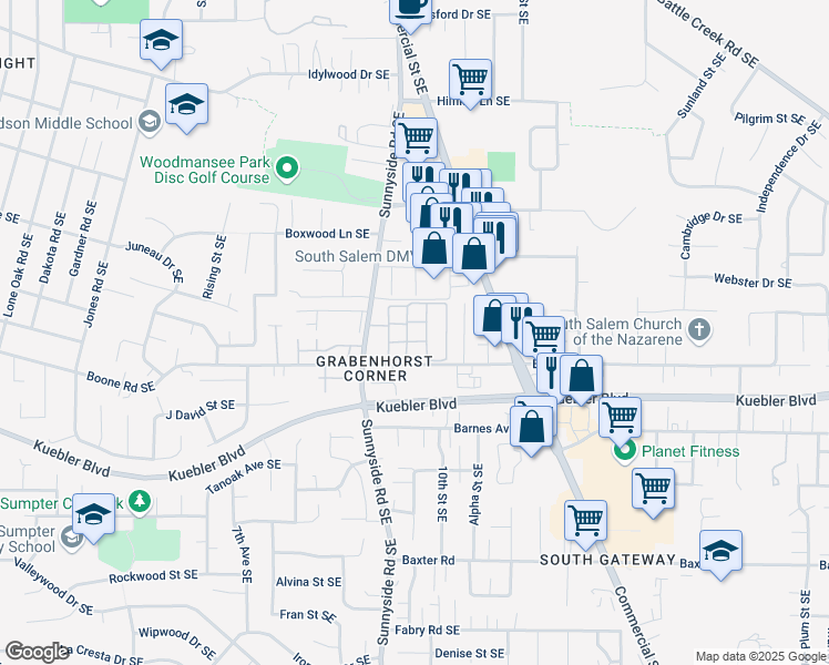 map of restaurants, bars, coffee shops, grocery stores, and more near 4940 Sunnyside Road Southeast in Salem