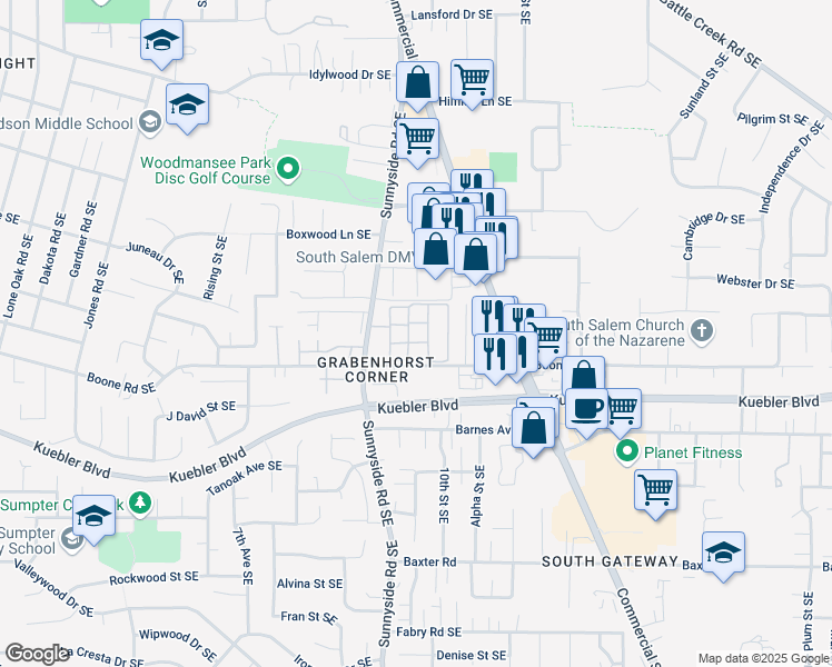map of restaurants, bars, coffee shops, grocery stores, and more near 4940 Sunnyside Road Southeast in Salem
