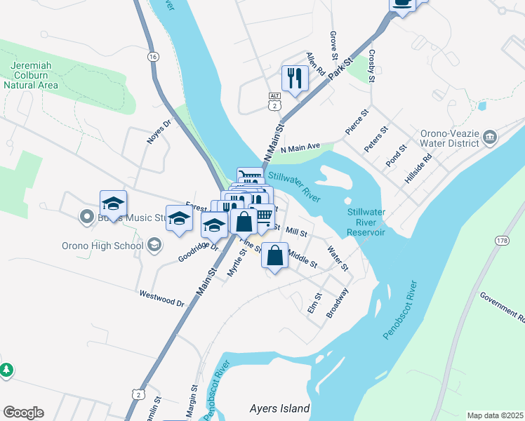 map of restaurants, bars, coffee shops, grocery stores, and more near 3 Main Street in Orono