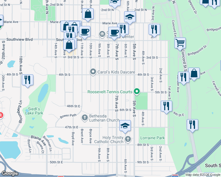 map of restaurants, bars, coffee shops, grocery stores, and more near 425 8th Avenue South in South Saint Paul