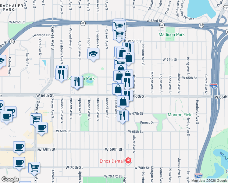 map of restaurants, bars, coffee shops, grocery stores, and more near 2400 West 66th Street in Richfield