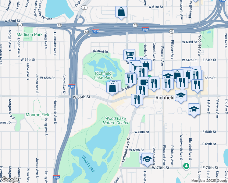 map of restaurants, bars, coffee shops, grocery stores, and more near 858 West 65th Street in Richfield
