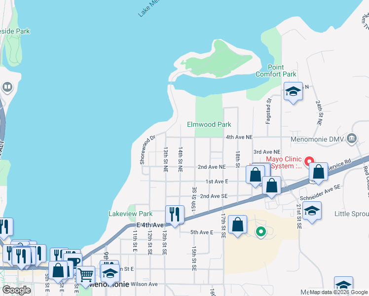 map of restaurants, bars, coffee shops, grocery stores, and more near 322 14th Street Northeast in Menomonie