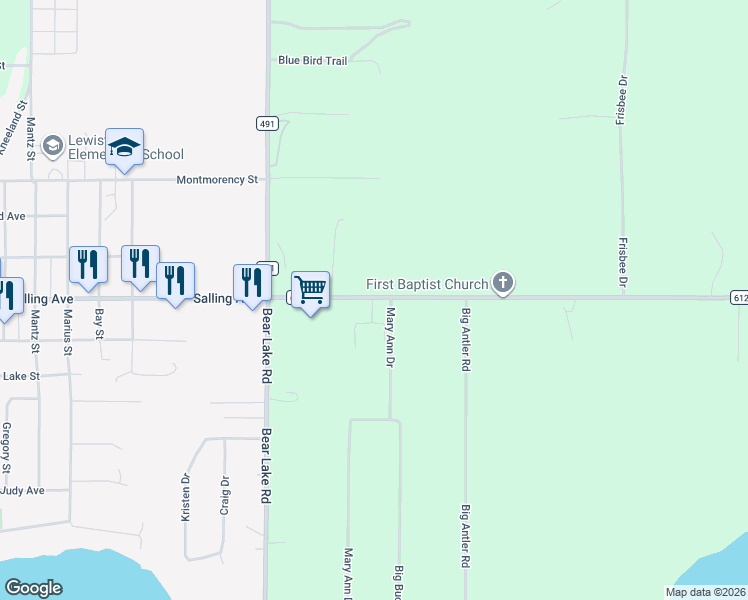 map of restaurants, bars, coffee shops, grocery stores, and more near 5215 County Road 612 in Lewiston