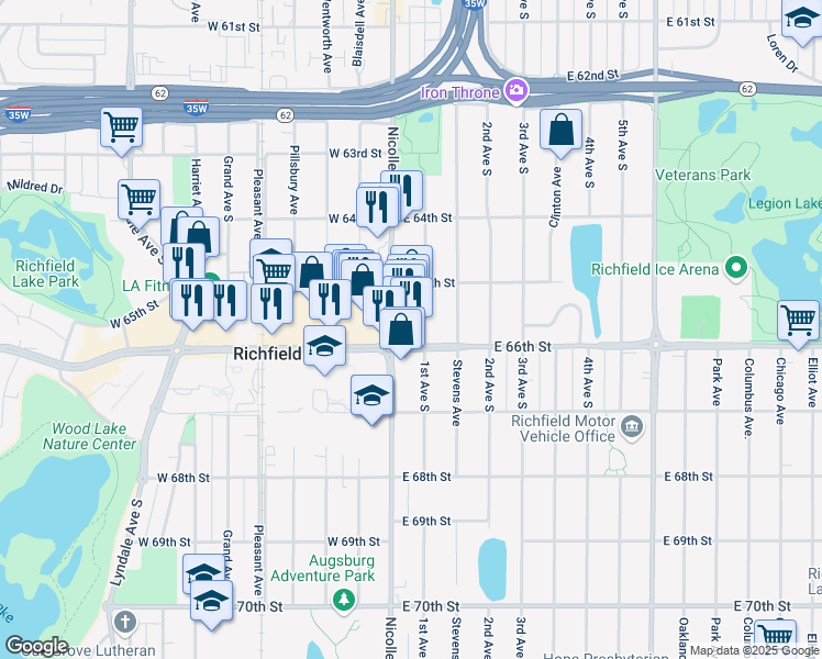 map of restaurants, bars, coffee shops, grocery stores, and more near 6519 Nicollet Ave in Minneapolis